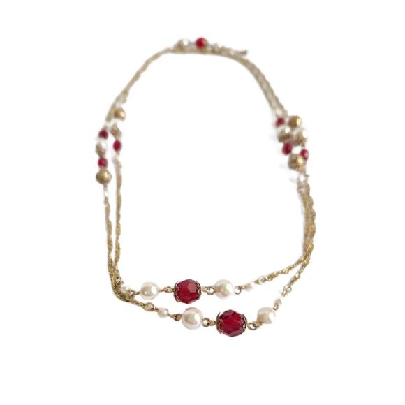 Vintage Double Strand Necklace Gold Filigree and Red Crystal Beads , 46" long - Picture 6 of 10